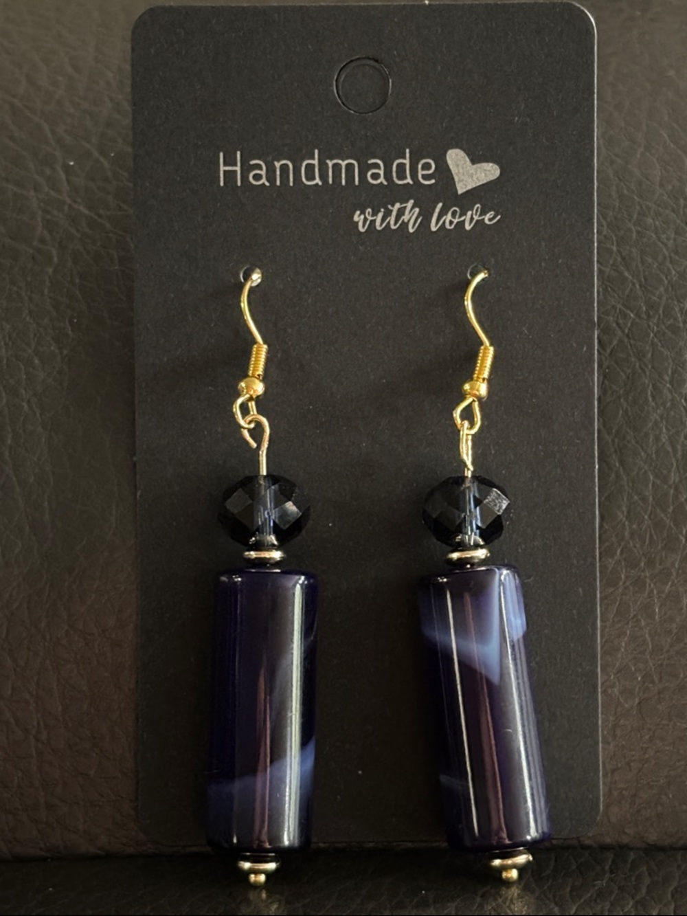 Handmade Navy Blue Cylinder Drop Earrings with Gold tone Hooks